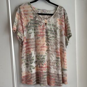 Allison Daley Cream Floral Short Sleeve Tee with Pink and Green Accents